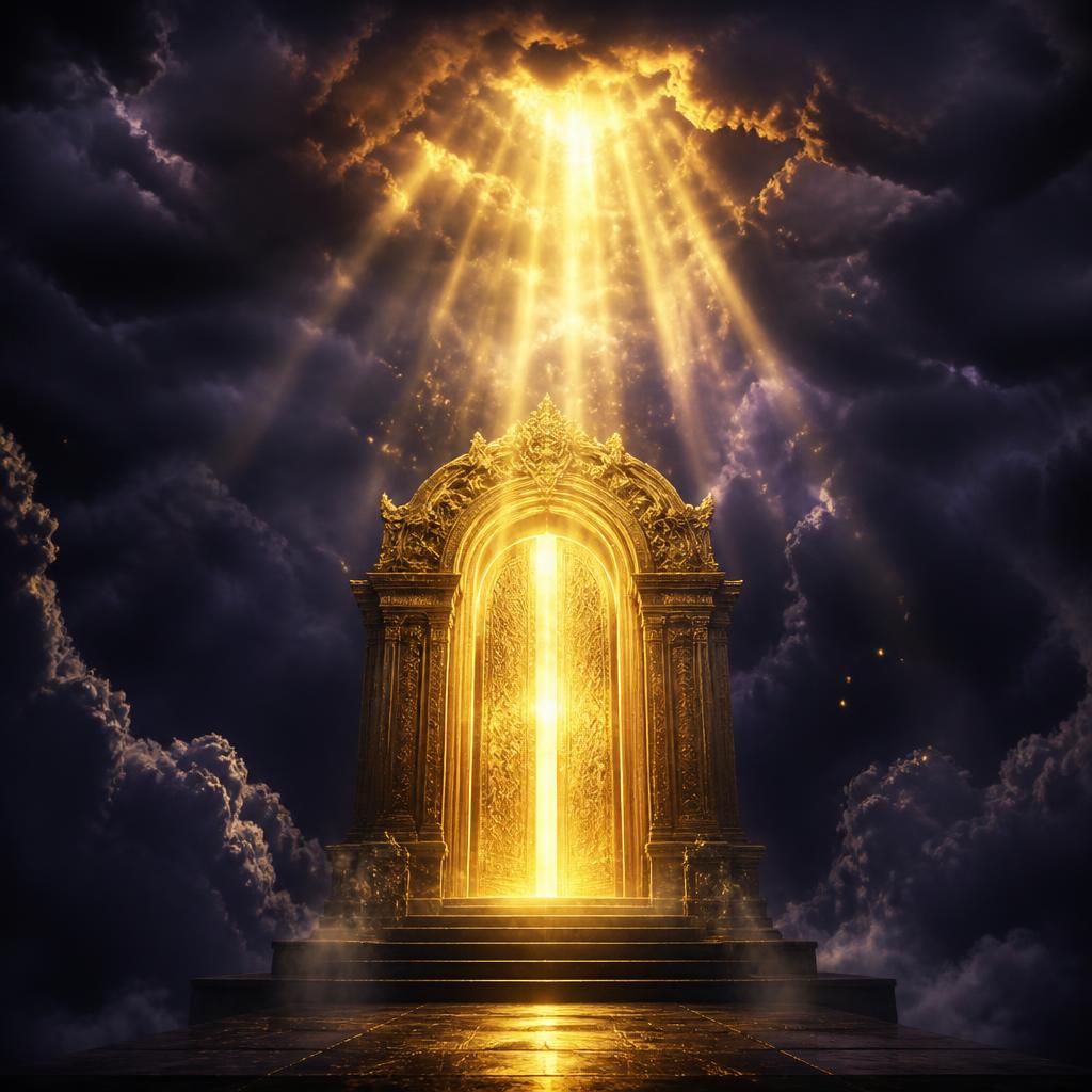 Portal dourado de luz divina rompendo nuvens escuras, representando revelação espiritual e vitória